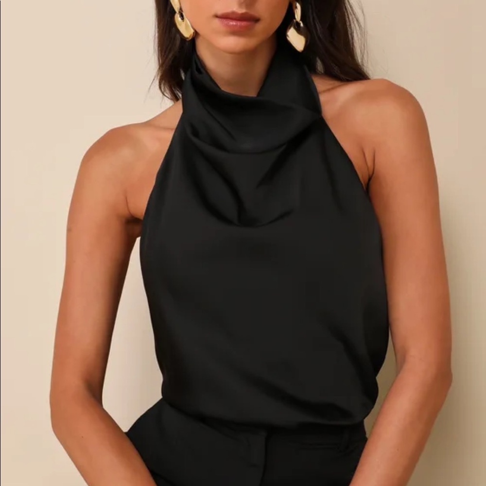Lulus Black Satin Cowl Halter Top. Size S. NWT